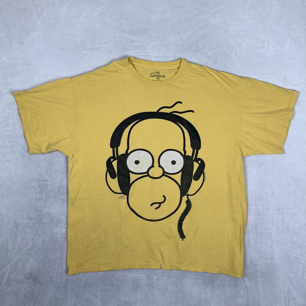 Vintage The Simpsons T-Shirt Mens XL Yellow Homer Face Headphones Graphic Tee